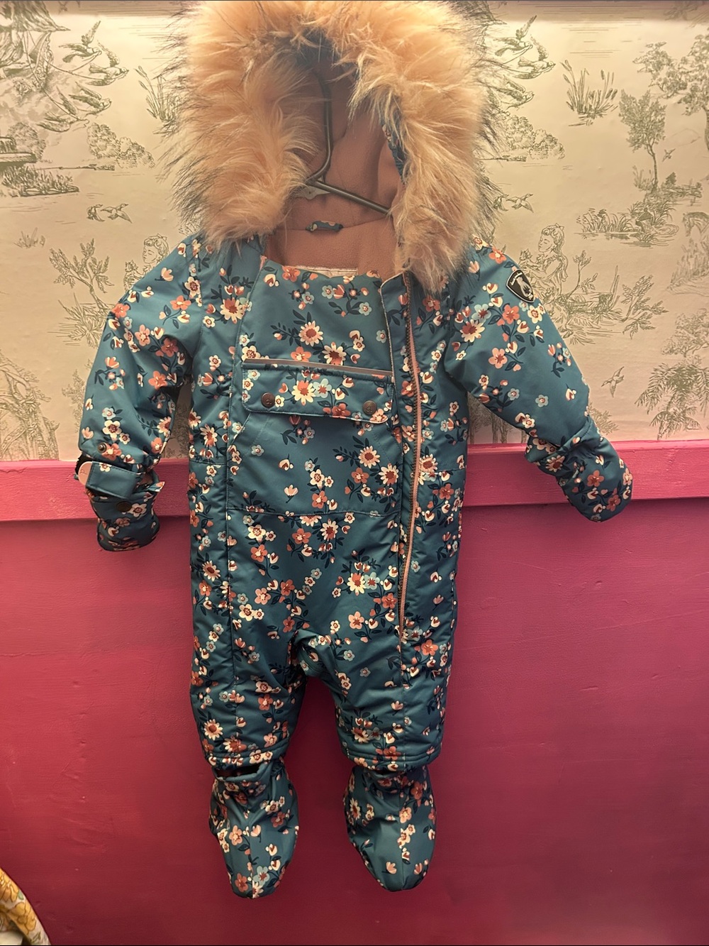 deux par deux Teal Floral Faux-Fur Hooded Snowsuit